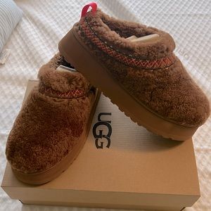 UGG Brown Shearling Mules with Pink Accents